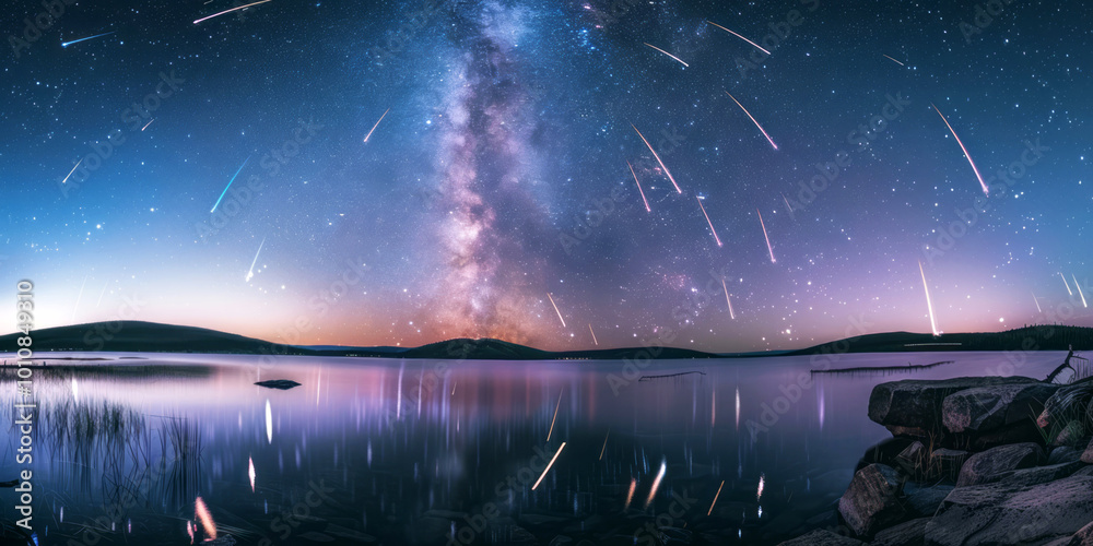 A starry sky with meteors streaking across the night, featuring a beautiful scenery of shooting stars over a lake at dusk. A starry sky with meteors streaking across the night, featuring a beautiful scenery of shooting stars over a lake at dusk.