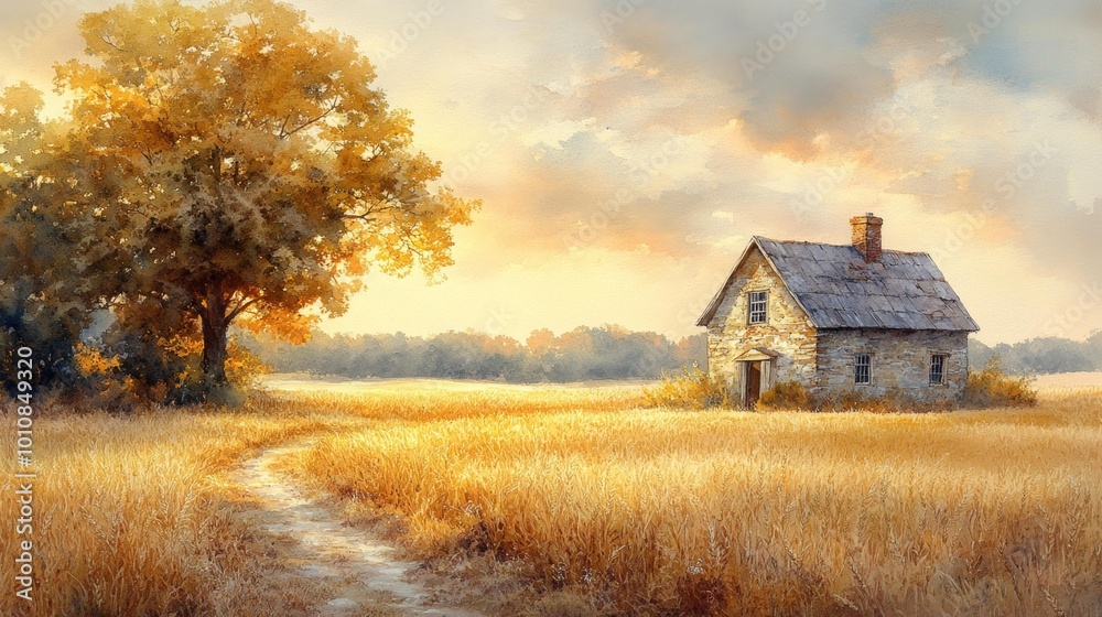 Rustic House in Golden Field at Sunset Generative AI