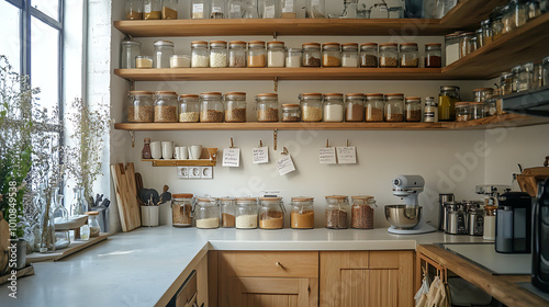 A kitchen countertop with glass jars of bulk food items like grains and nuts, reusable cloth bags, and wooden utensils, promoting zero-waste living 