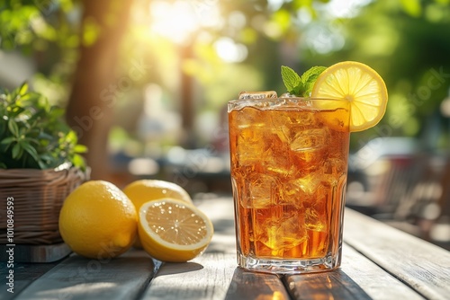Glass of iced lemon tea and lemonade on table