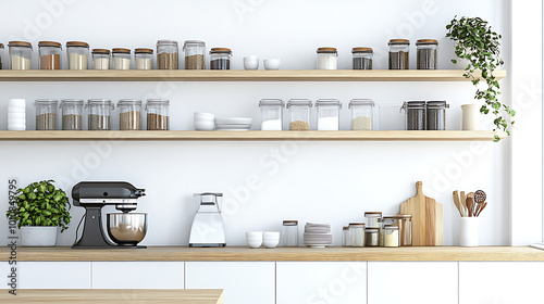 A modern kitchen with clear countertops, organized shelves with labeled jars, and minimal decor, showcasing a clean and functional space