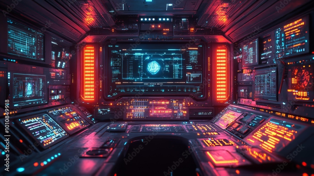 Fototapeta premium Futuristic Control Room with Neon Blue and Red Displays Generative AI