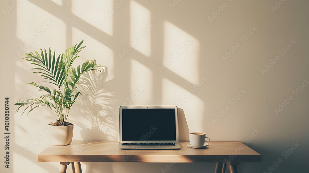 A peaceful workspace with a single laptop, a cup of coffee, and a small plant on a simple wooden desk, set against a neutral wall background A peaceful workspace with a single laptop, a cup of coffee, and a small plant on a simple wooden desk, set against a neutral wall background