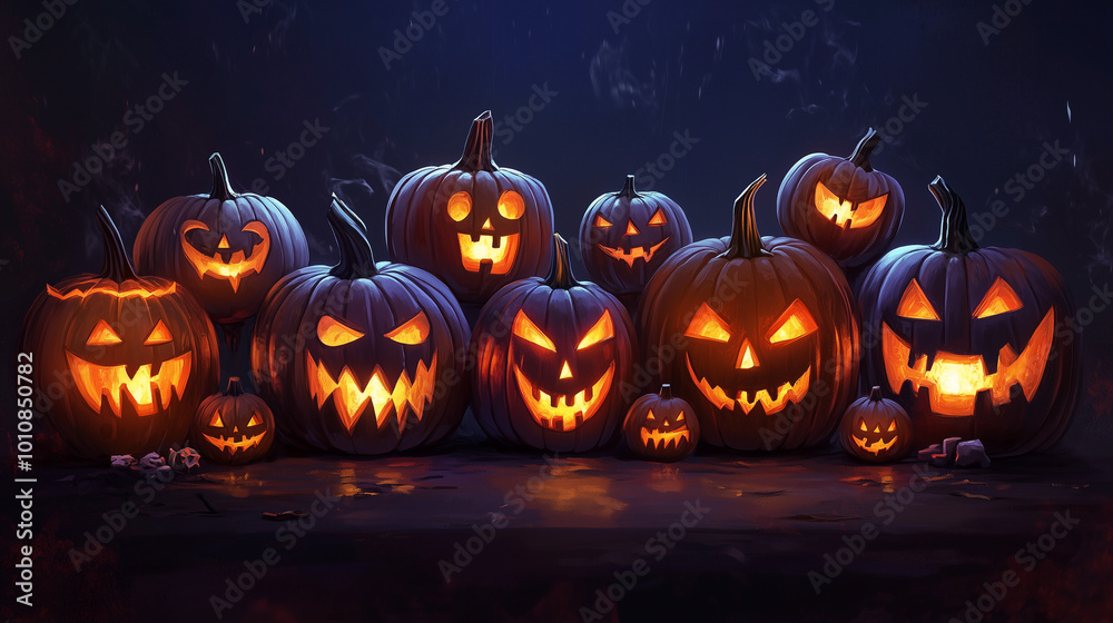Generative AI illustration of illuminated carved pumpkins with different evil faces in darkness at Halloween night
Generative AI illustration of illuminated carved pumpkins with different evil faces in darkness at Halloween night