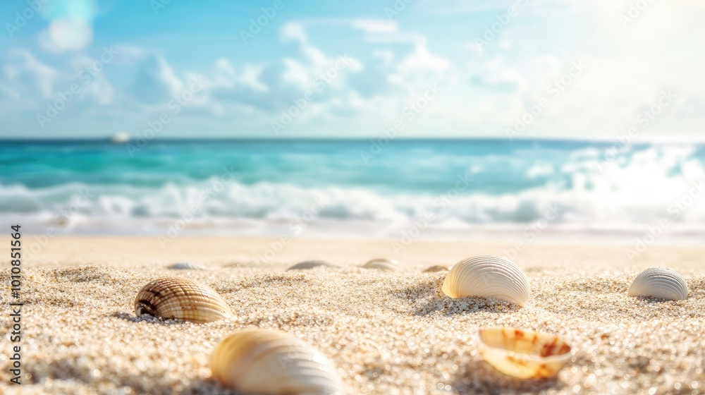 Close-up of beach sand with small shells in the foreground, with the serene ocean and gentle waves in the background on a sunny summer day. Close-up of beach sand with small shells in the foreground, with the serene ocean and gentle waves in the background on a sunny summer day.