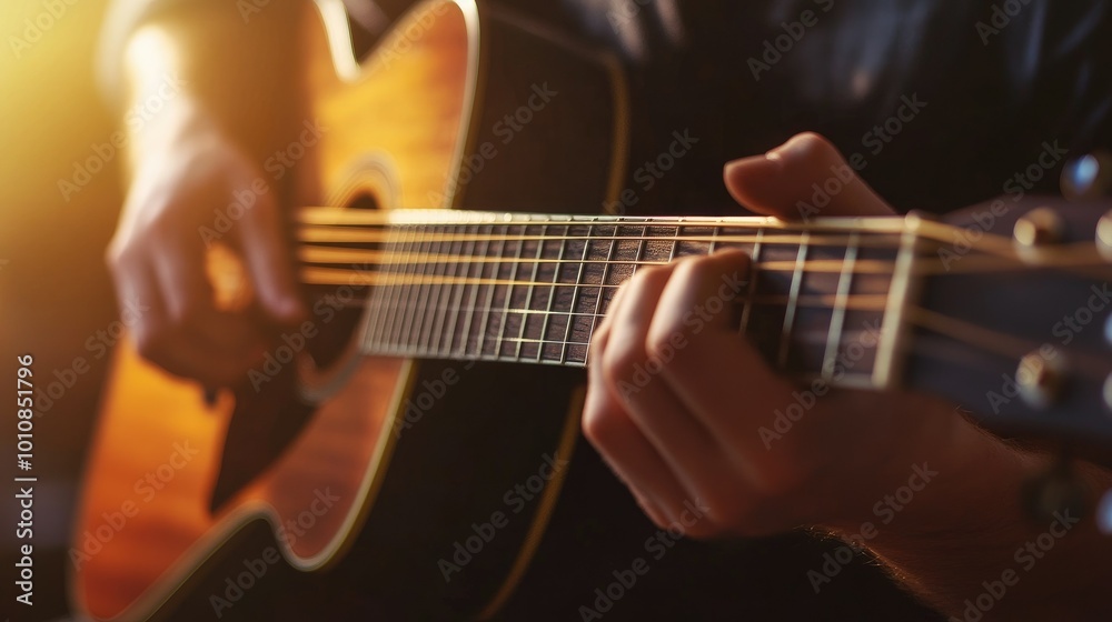 Close-up of guitar chords being played by a musician's hands on an acoustic guitar, highlighted by hard light with a blurred musical background. Close-up of guitar chords being played by a musician's hands on an acoustic guitar, highlighted by hard light with a blurred musical background.