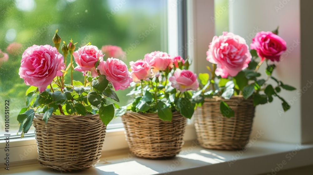 Close-up of homegrown roses in wicker baskets, sitting on a windowsill bathed in sunlight. Perfect home plant care and decor. Close-up of homegrown roses in wicker baskets, sitting on a windowsill bathed in sunlight. Perfect home plant care and decor.