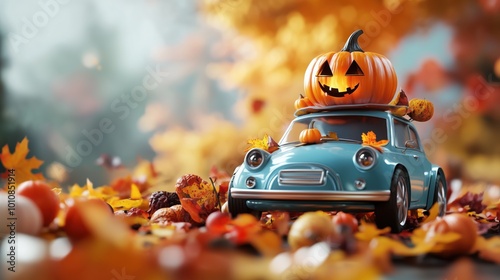 Fall illustration. Halloween blue toy car with big pumpkin jack o lantern on top, yellow leaves on road. Holiday cartoon background, autumn wallpaper, invitation, card, kids banner, poster