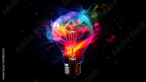 Colorful explosion in light bulb on black background, colorful, explosion, light bulb, black background, vibrant, burst