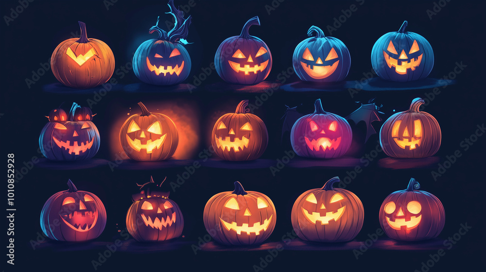 Generative AI illustration of illuminated carved pumpkins with different evil faces in darkness at Halloween night
Generative AI illustration of illuminated carved pumpkins with different evil faces in darkness at Halloween night
