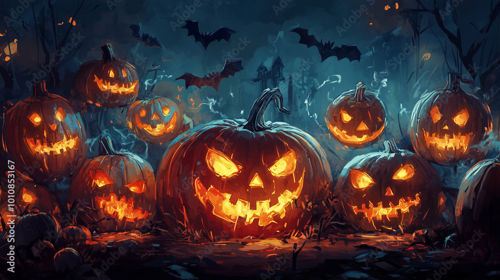 Generative AI illustration of illuminated carved pumpkins with different evil faces in darkness at Halloween night
Generative AI illustration of illuminated carved pumpkins with different evil faces in darkness at Halloween night
