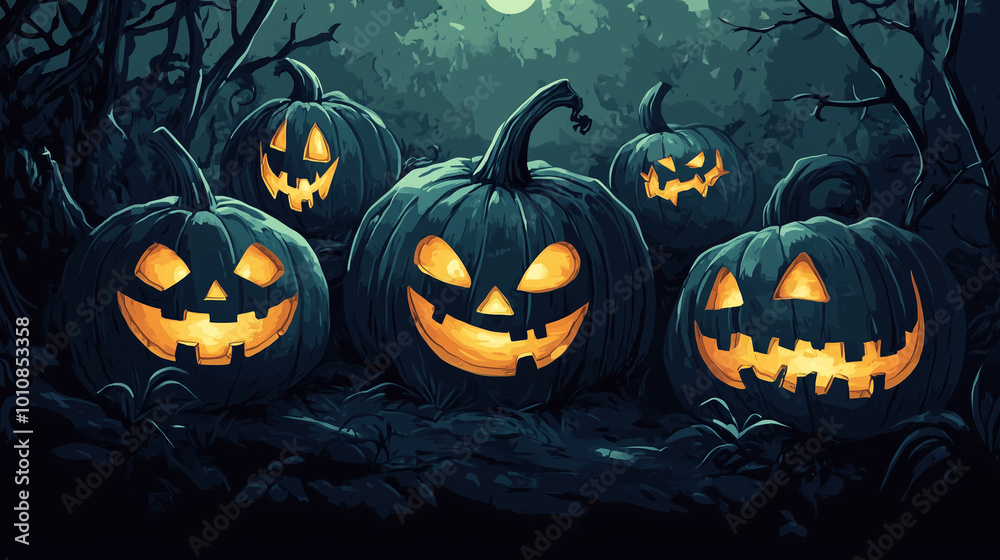 Generative AI illustration of illuminated carved pumpkins with different evil faces in darkness at Halloween night
Generative AI illustration of illuminated carved pumpkins with different evil faces in darkness at Halloween night
