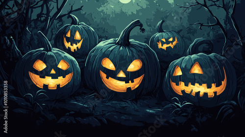 Generative AI illustration of illuminated carved pumpkins with different evil faces in darkness at Halloween night 