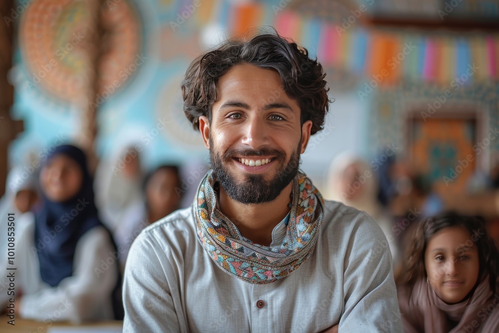 Smiling arab male teacher in school classroom, selective focus