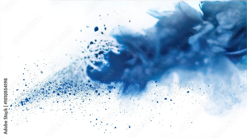 Dynamic blue powder particles erupting against a clean white backdrop ...