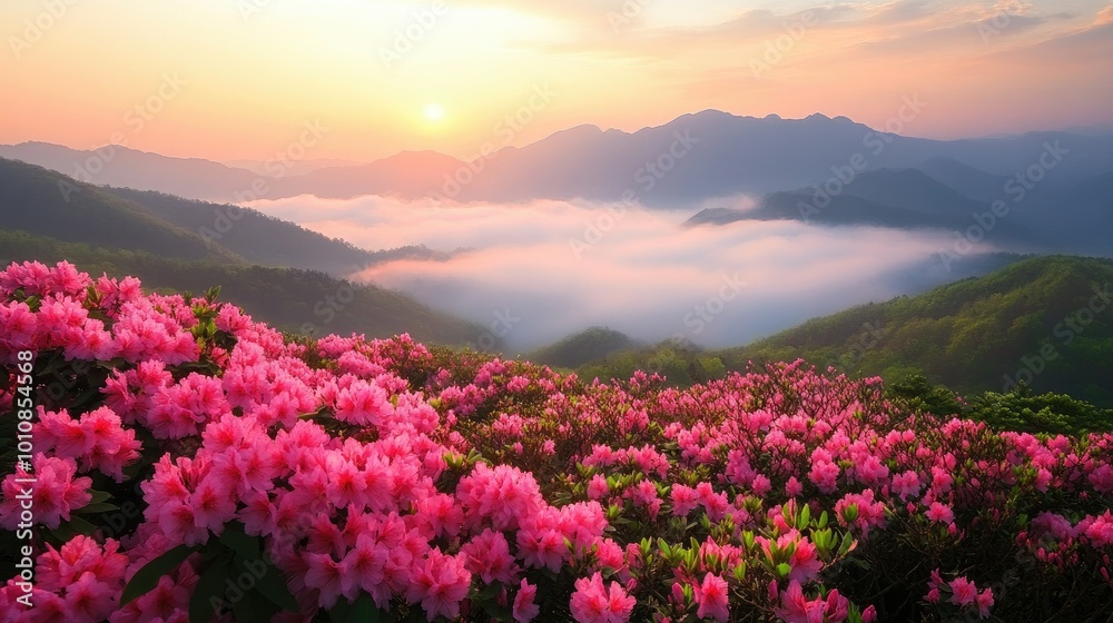 Fototapeta premium Early morning fog blankets the mountains near Hapcheon-gun, as pink azaleas bloom across Hwangmaesan Mountain under the golden light of sunrise.