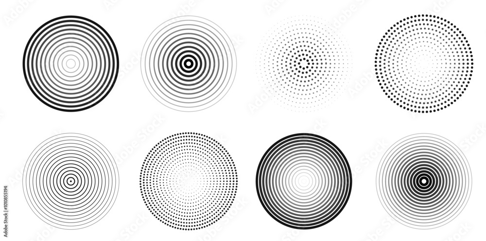 Vector collection of sound wave concentric circles in halftone and linear style. Set of sonar waves, signal vibration, radar icon