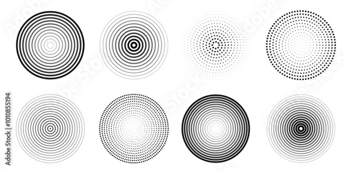 Vector collection of sound wave concentric circles in halftone and linear style. Set of sonar waves, signal vibration, radar icon