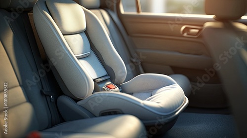 Empty baby car seat placed in the back of a vehicle, showing a well-padded, secure, and comfortable design. The bright, modern car interior adds to the atmosphere of safety and care.