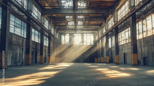 Empty industrial warehouse with exposed metal beams and wooden columns, bathed in warm sunlight streaming through large windows, creating dramatic light and shadow.