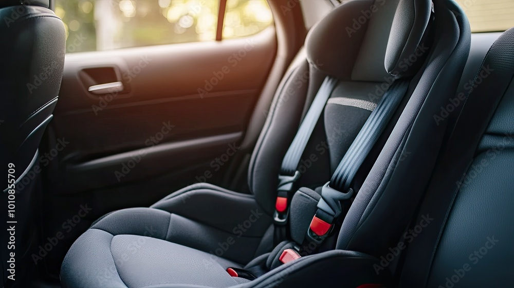 Empty toddler car seat with adjustable harness and side padding, positioned in the backseat of a car. The vehicle's interior is modern, showing a safe and family-friendly environment. Empty toddler car seat with adjustable harness and side padding, positioned in the backseat of a car. The vehicle's interior is modern, showing a safe and family-friendly environment.