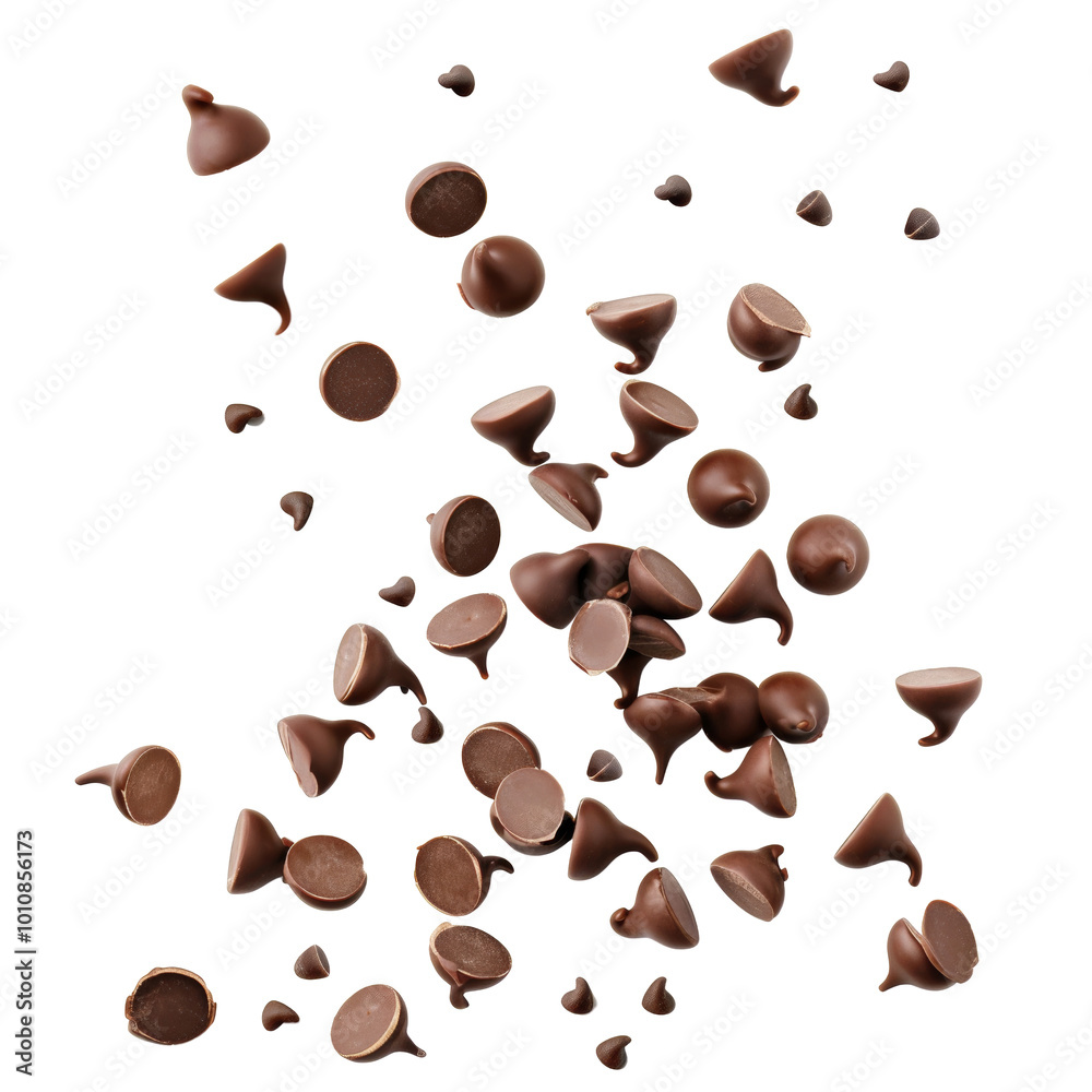 A pile of chocolate chips is scattered across a white background
