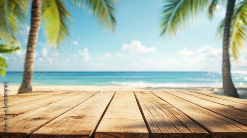Empty wooden table with blurred beach background featuring palm trees and clear skies  evoking a peaceful tropical vibe perfect for summer themes.