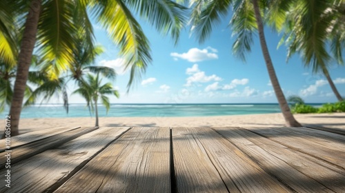 Empty wooden table with blurred beach background featuring palm trees and clear skies  evoking a peaceful tropical vibe perfect for summer themes.