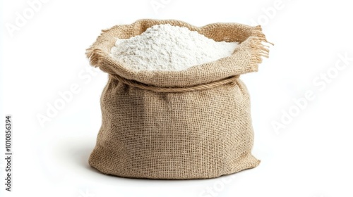 Wheat flour in burlap sack bag isolate on white background