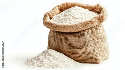 Wheat flour in burlap sack bag isolate on white background