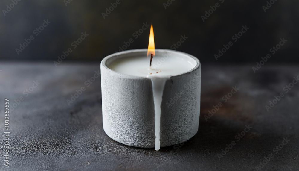 Burning candle in holder made of concrete. Cozy home decor. Meditation and mindfulness. Burning candle in holder made of concrete. Cozy home decor. Meditation and mindfulness.