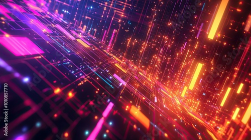 Futuristic 3D rendering of neon grids and geometric shapes, creating a vibrant digital background for tech and innovation themes.