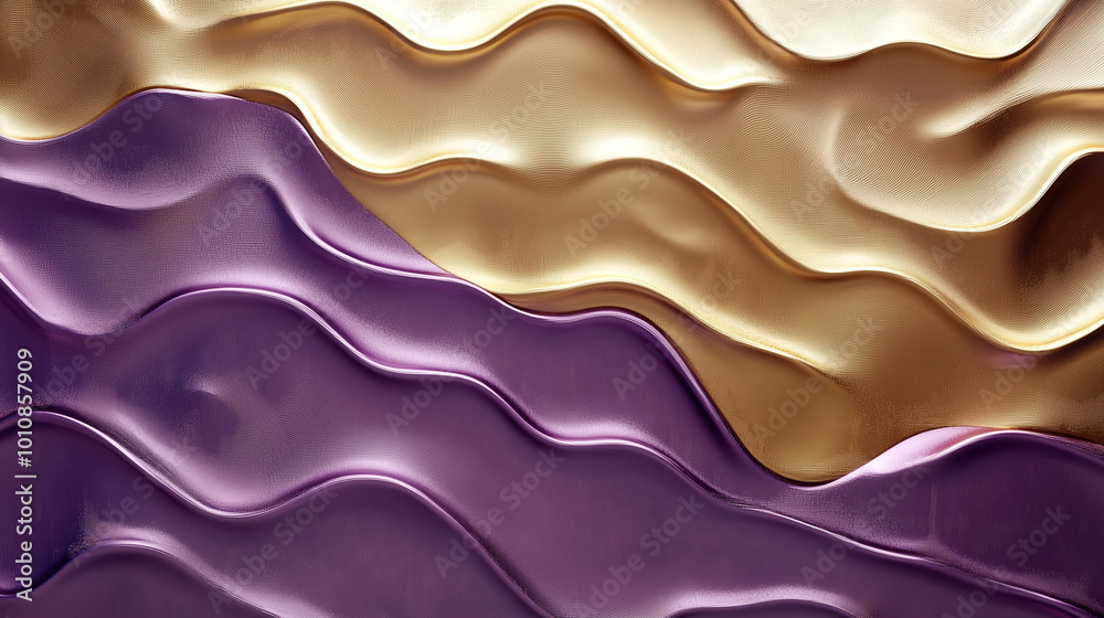 Fototapeta premium Wavy Golden and Purple Metallic 3D Background. Generative AI 