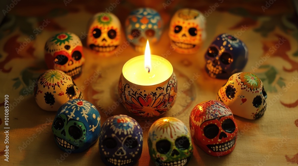 Colorful Day of the Dead Skull Candle Display Colorful Day of the Dead Skull Candle Display