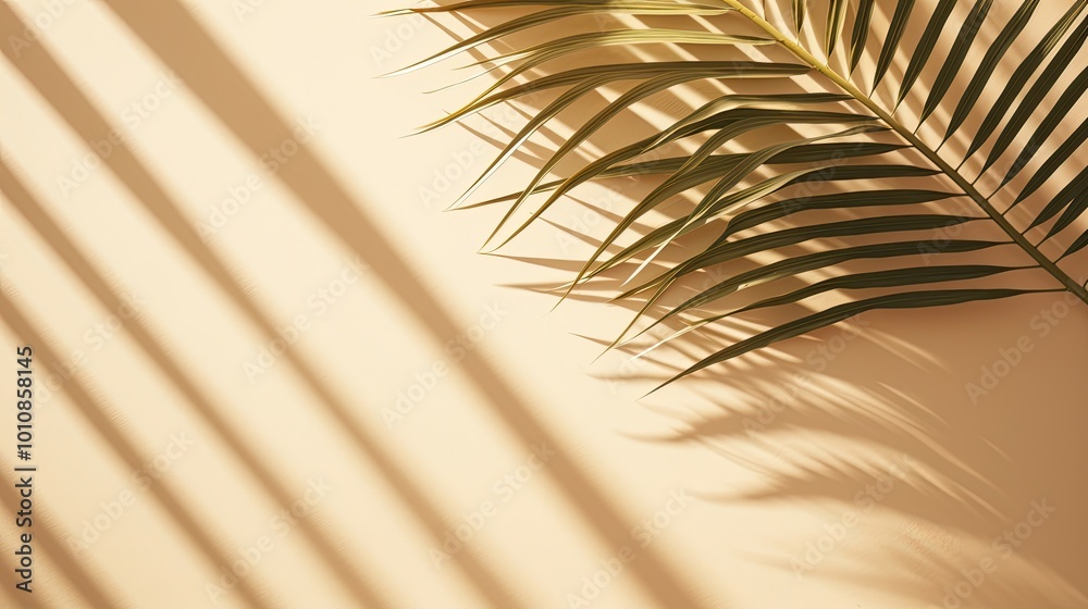 Fototapeta premium Summer flat lay on beige background. Trendy palm shadow and sunlight