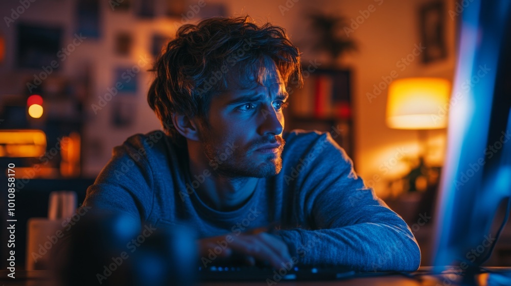 Fototapeta premium Man Deep in Thought at Computer