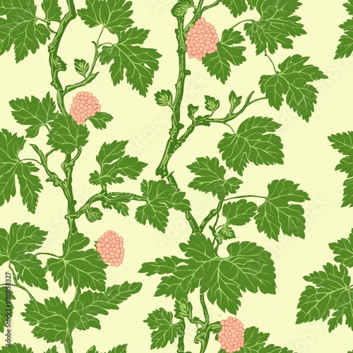 Detailed Botanical Illustration of Grapevines with Lush Green Leaves and Clusters of Pink Grapes on a Soft Pale Green Background, Featuring Elegant Vines in a Natural and Vintage Style