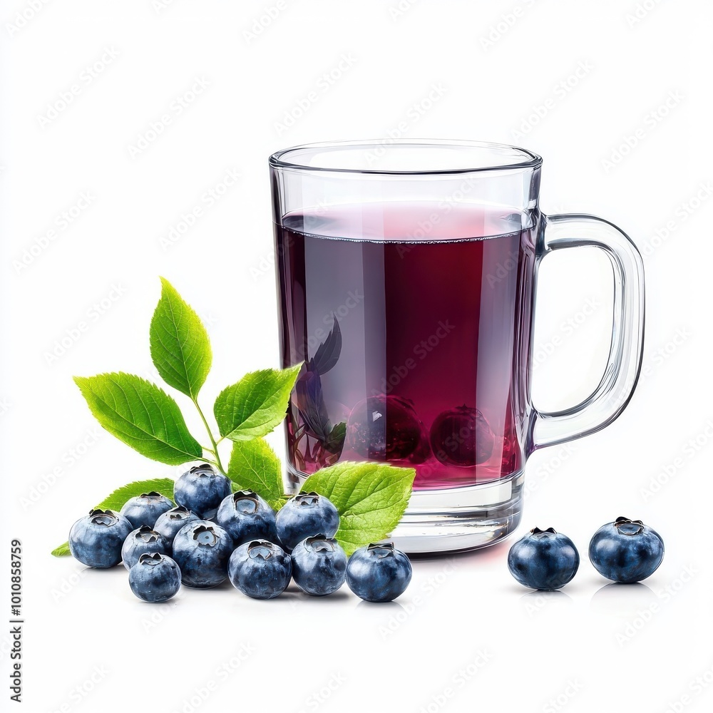 Glass with handle filled with blueberry juice, fun presentation, isolated on white background. Glass with handle filled with blueberry juice, fun presentation, isolated on white background.