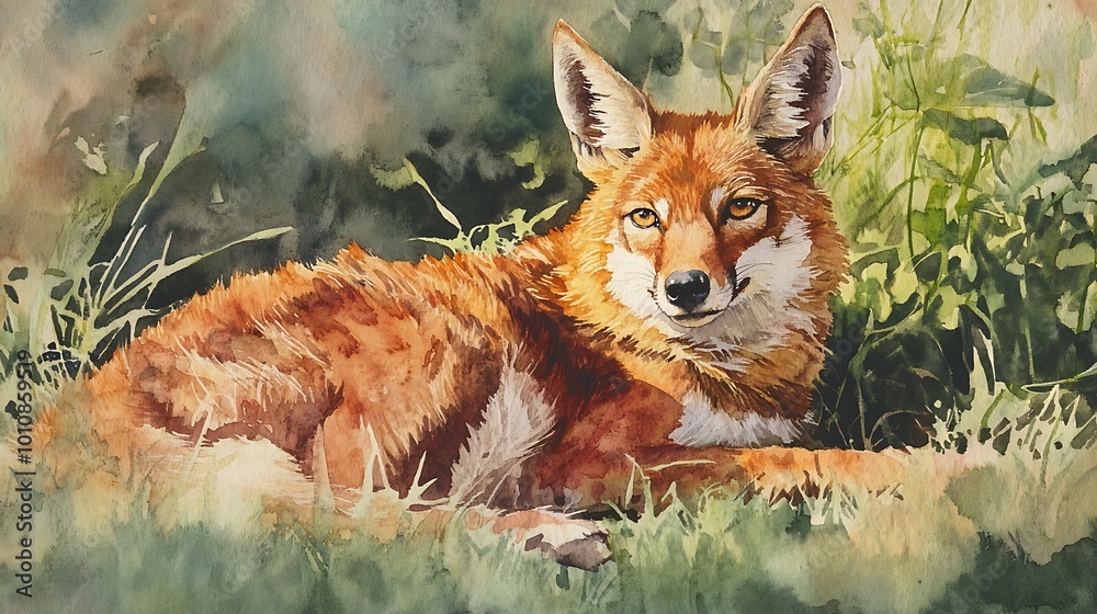 Obraz premium Watercolor Painting of a Fox in the Grass.
