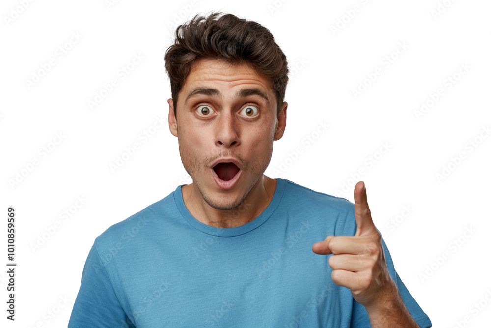 A man with a surprised expression on his face pointing to the right A man with a surprised expression on his face pointing to the right