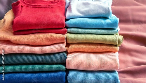 A pile of colorful new clothes laid out on a soft, pastel-colored fabric background for a cozy look.