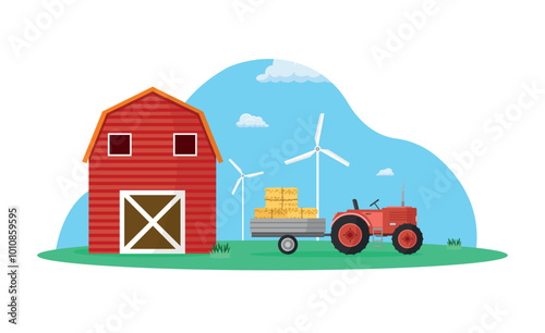 Red farm barn with windmills and tractor. Flat design vector illustration.