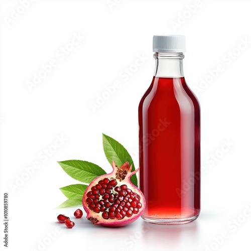 Bottle of pomegranate juice, fresh and ready to enjoy, isolated on white background for easy access and visibility.