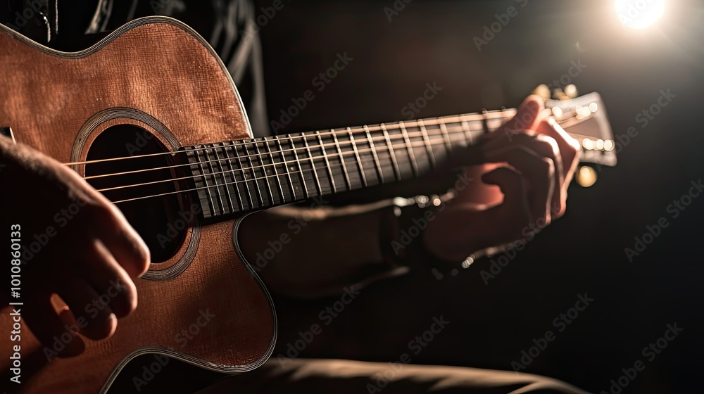 Fototapeta premium Hands strumming an acoustic guitar in a dim room, hard light emphasizing the texture of the guitar's wood and strings, with soft shadows in the background.