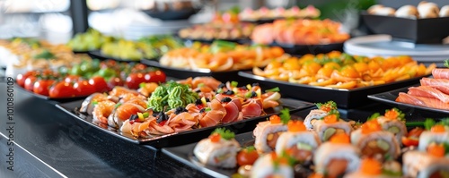 A vibrant display of various catering dishes including fresh vegetables, sushi, and garnished bites, beautifully arranged on black trays.