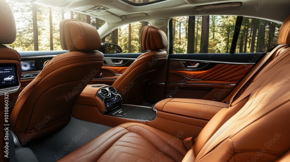 Fototapeta premium High-end back seat interior with soft-touch leather, customizable climate control, and integrated screens for rear-seat entertainment. Emphasizes luxury and convenience.