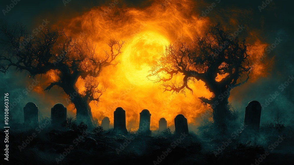 Eerie graveyard scene under a glowing orange moon. Eerie graveyard scene under a glowing orange moon.