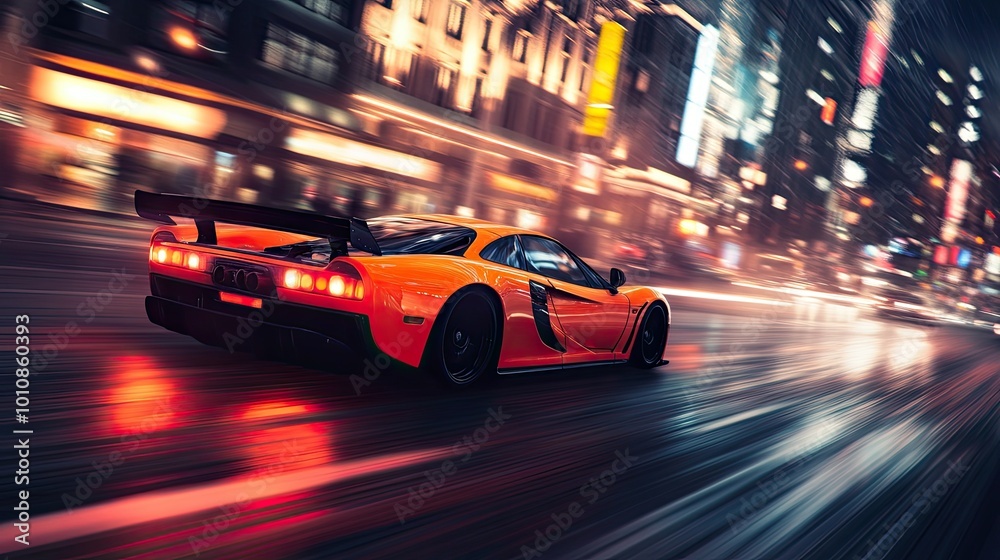 High-performance car racing through a bustling city at dusk, with glowing headlights and blurred city lights in the background creating a sense of speed and energy. High-performance car racing through a bustling city at dusk, with glowing headlights and blurred city lights in the background creating a sense of speed and energy.