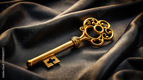 golden key elegantly placed on smooth black fabric, showcasing its intricate design and shine. This evokes sense of mystery and elegance