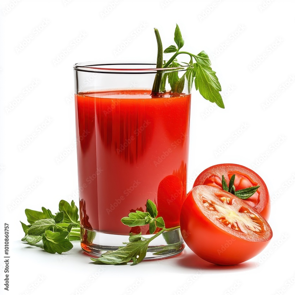 Fresh tomato juice, isolated on white background, highlighting its vibrant color and healthful properties. Fresh tomato juice, isolated on white background, highlighting its vibrant color and healthful properties.